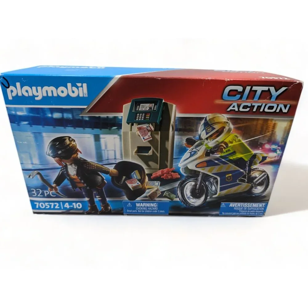 Playmobil City Action Bank Robber Chase Building Set 70572 Motorcycle ATM 32 Pcs